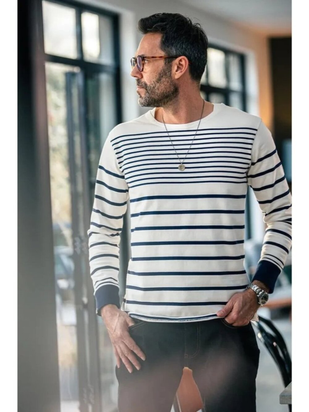&SONS 21 Breton Long Sleeve White Stripe T-Shirt Medium
